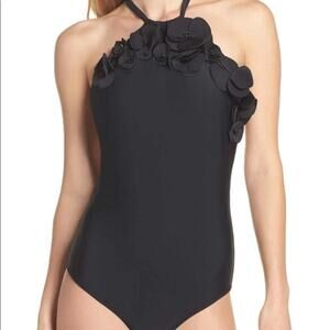 [Ted Baker] Black Floral Applique High Neck Halter One-Piece Swimsuit Sz Medium